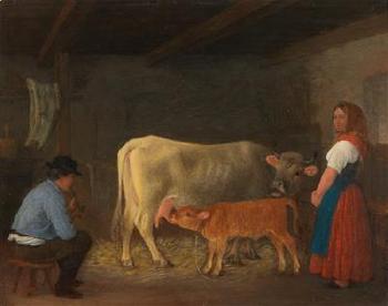 A calf in a stable with farmers by 
																			Johann Michael Neder
